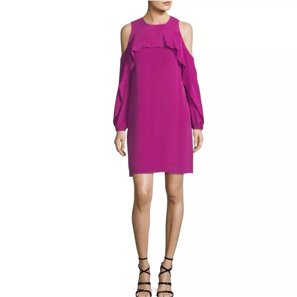 KOBI HALPERIN Silk Cold‎ Shoulder Cascade Ruffle Dress in Dragon Fruit Sz Medium